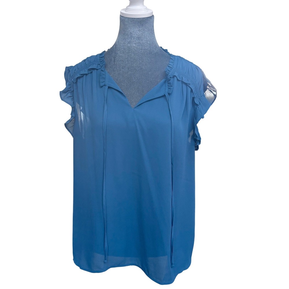 Les Serein Ethereal Romance Ruffle Tie Neck Blouse Blue Chiffon Flutter Sleeve L